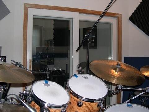 studio drums and cymbals from player perspective