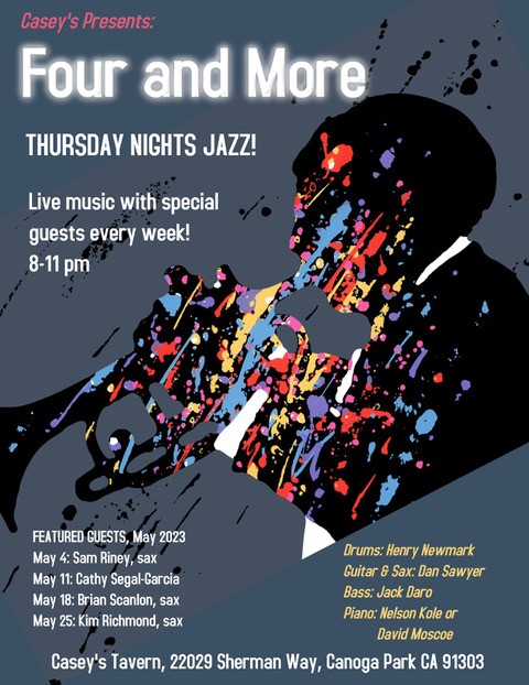 Four and More poster. Thursday nights jazz. Live music with special guest every week. 8-11 pm. Casey's Tavern.