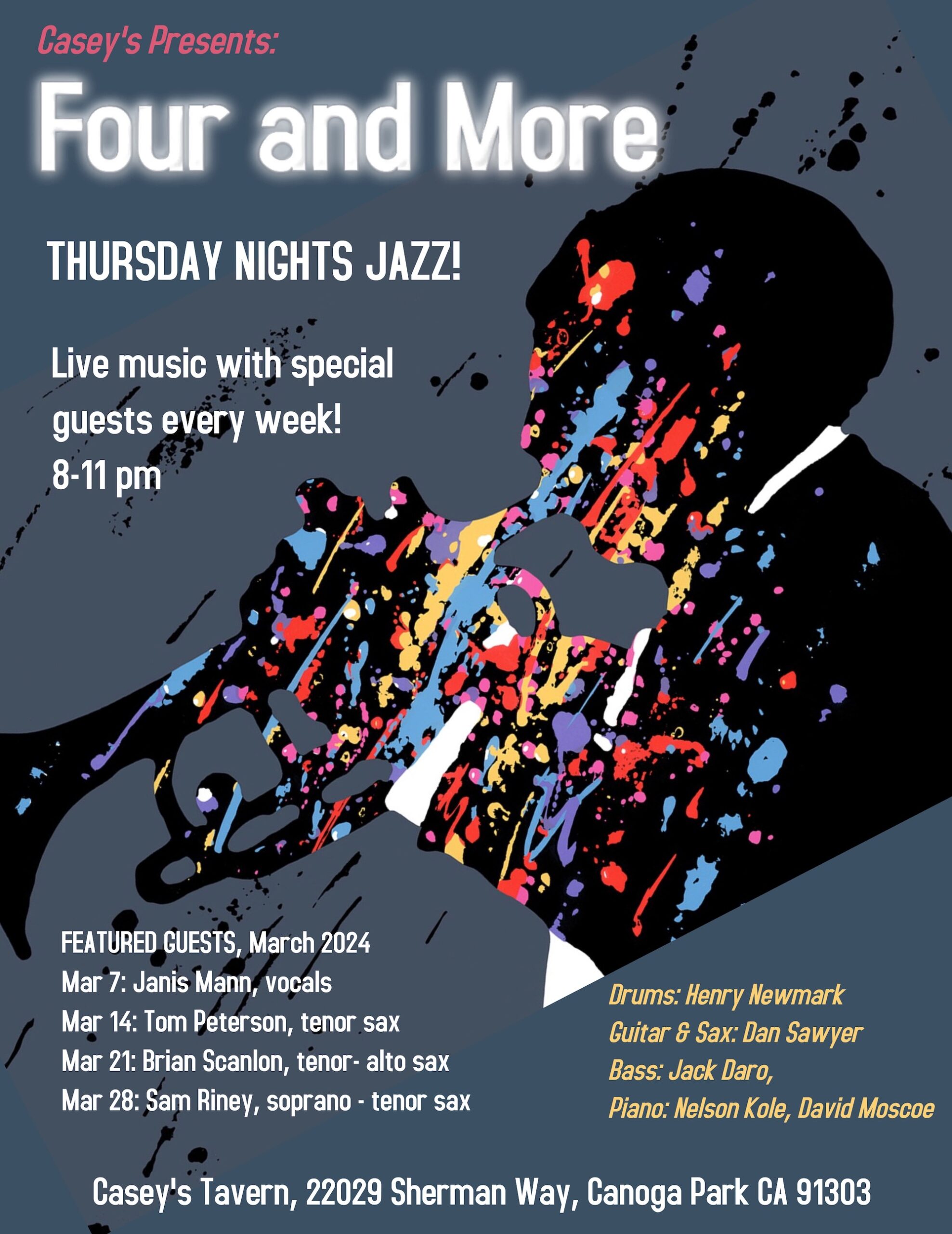Four and More poster. Thursday nights jazz. Live music with special guest every week. 8-11 pm. Casey's Tavern.