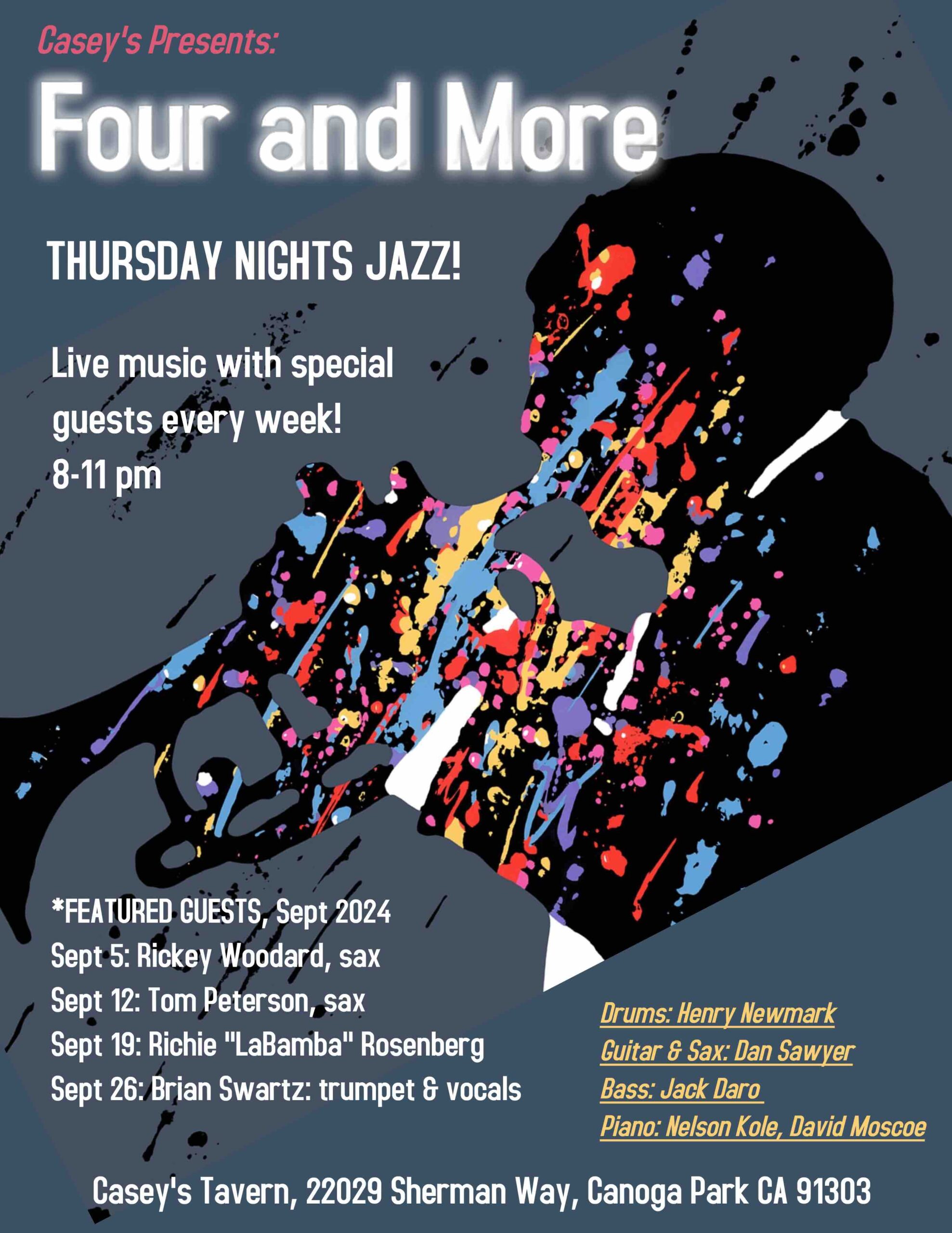 Four and More poster. Thursday nights jazz. Live music with special guest every week. 8-11 pm. Casey's Tavern.