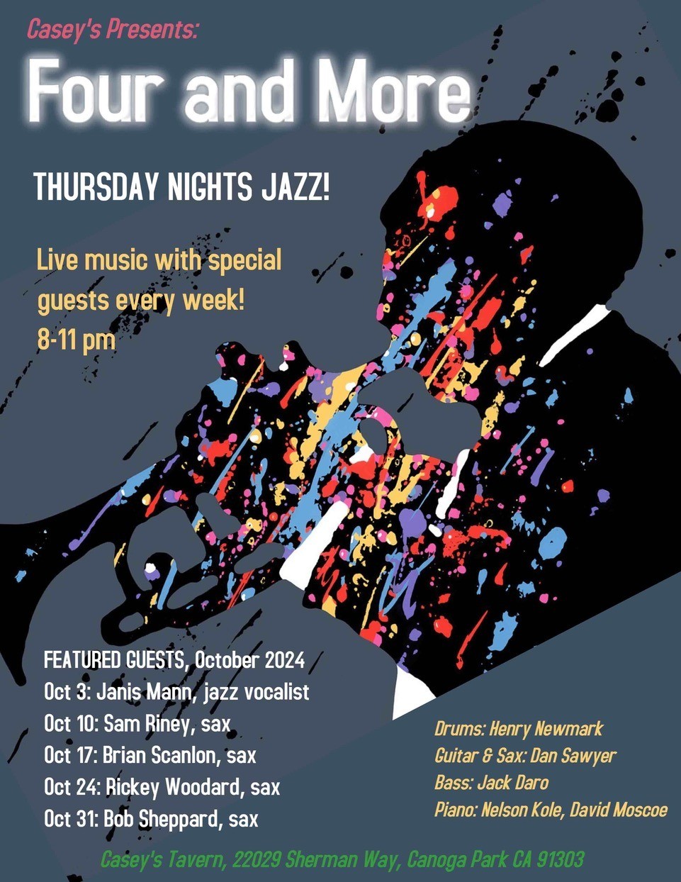 Four and More poster. Thursday nights jazz. Live music with special guest every week. 8-11 pm. Casey's Tavern.