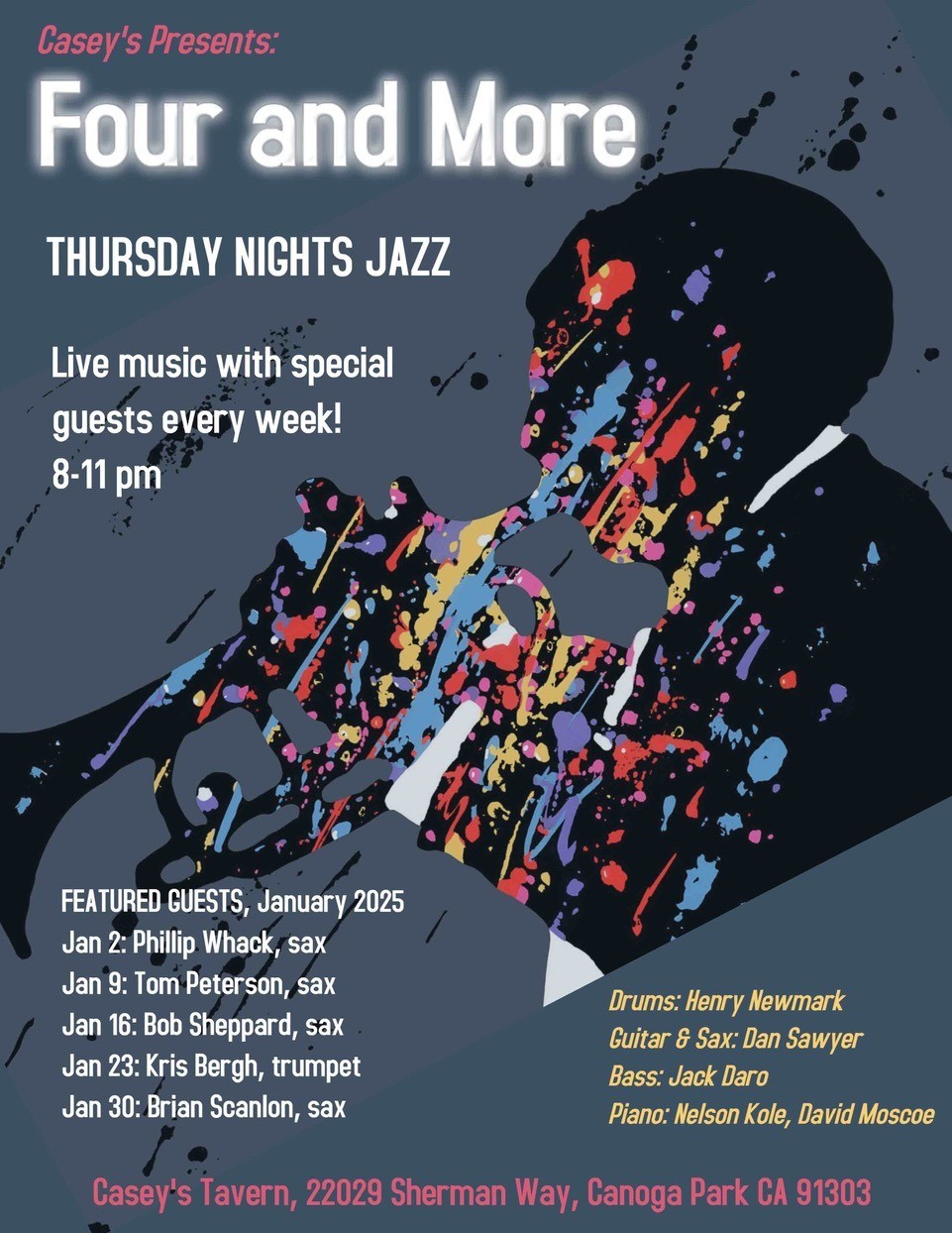 Four and More poster. Thursday nights jazz. Live music with special guest every week. 8-11 pm. Casey's Tavern.