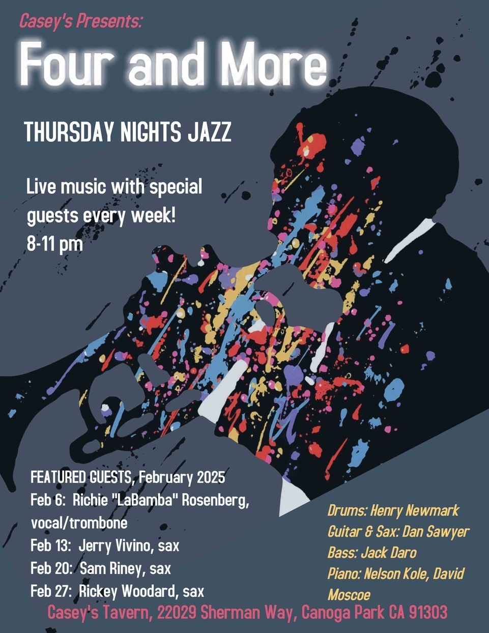 Four and More poster. Thursday nights jazz. Live music with special guest every week. 8-11 pm. Casey's Tavern.