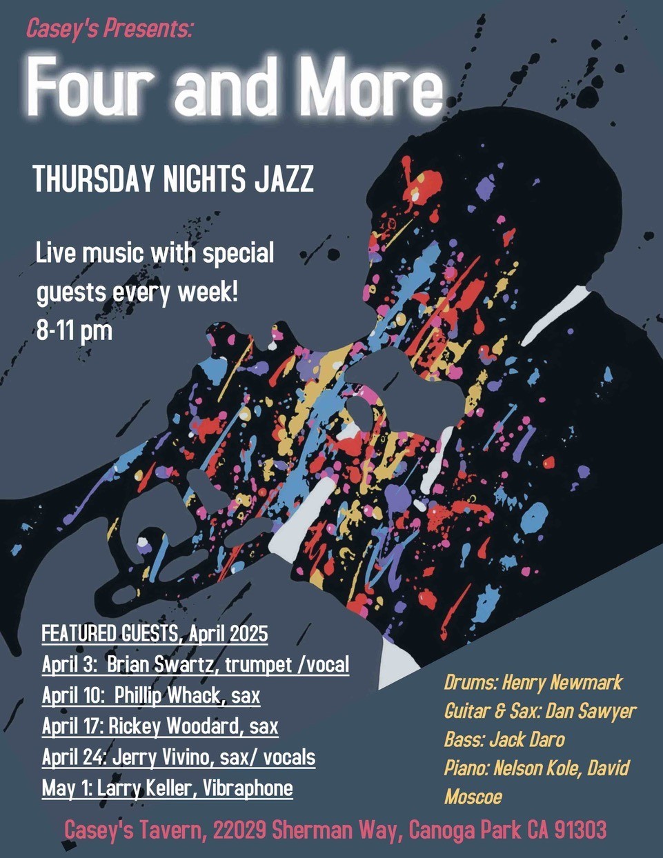 Four and More poster. Thursday nights jazz. Live music with special guest every week. 8-11 pm. Casey's Tavern.