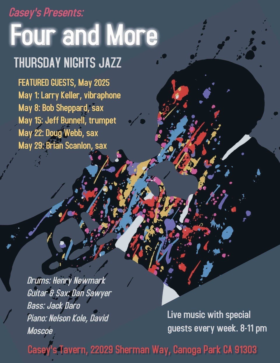 Four and More poster. Thursday nights jazz. Live music with special guest every week. 8-11 pm. Casey's Tavern.