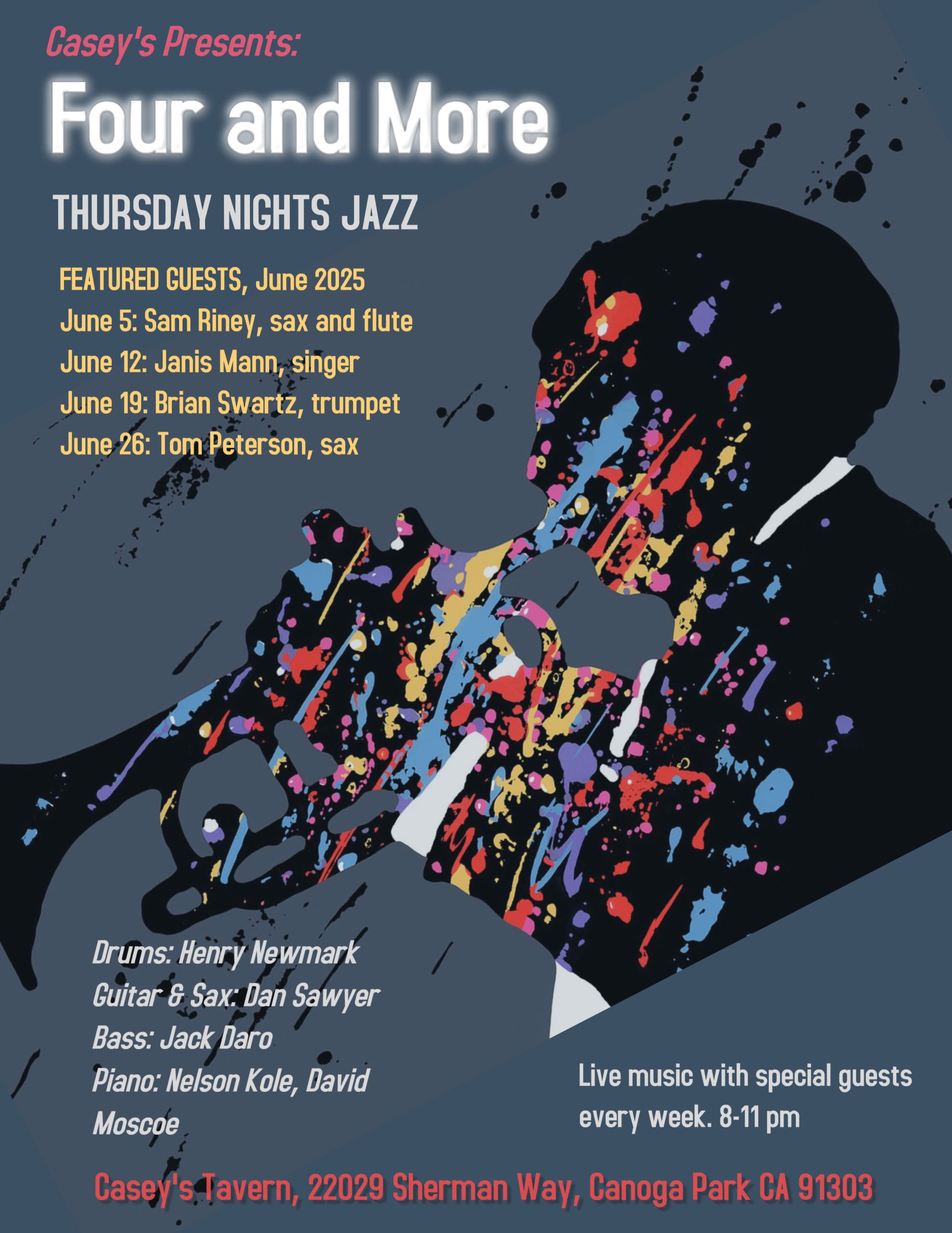 Four and More poster. Thursday nights jazz. Live music with special guest every week. 8-11 pm. Casey's Tavern.