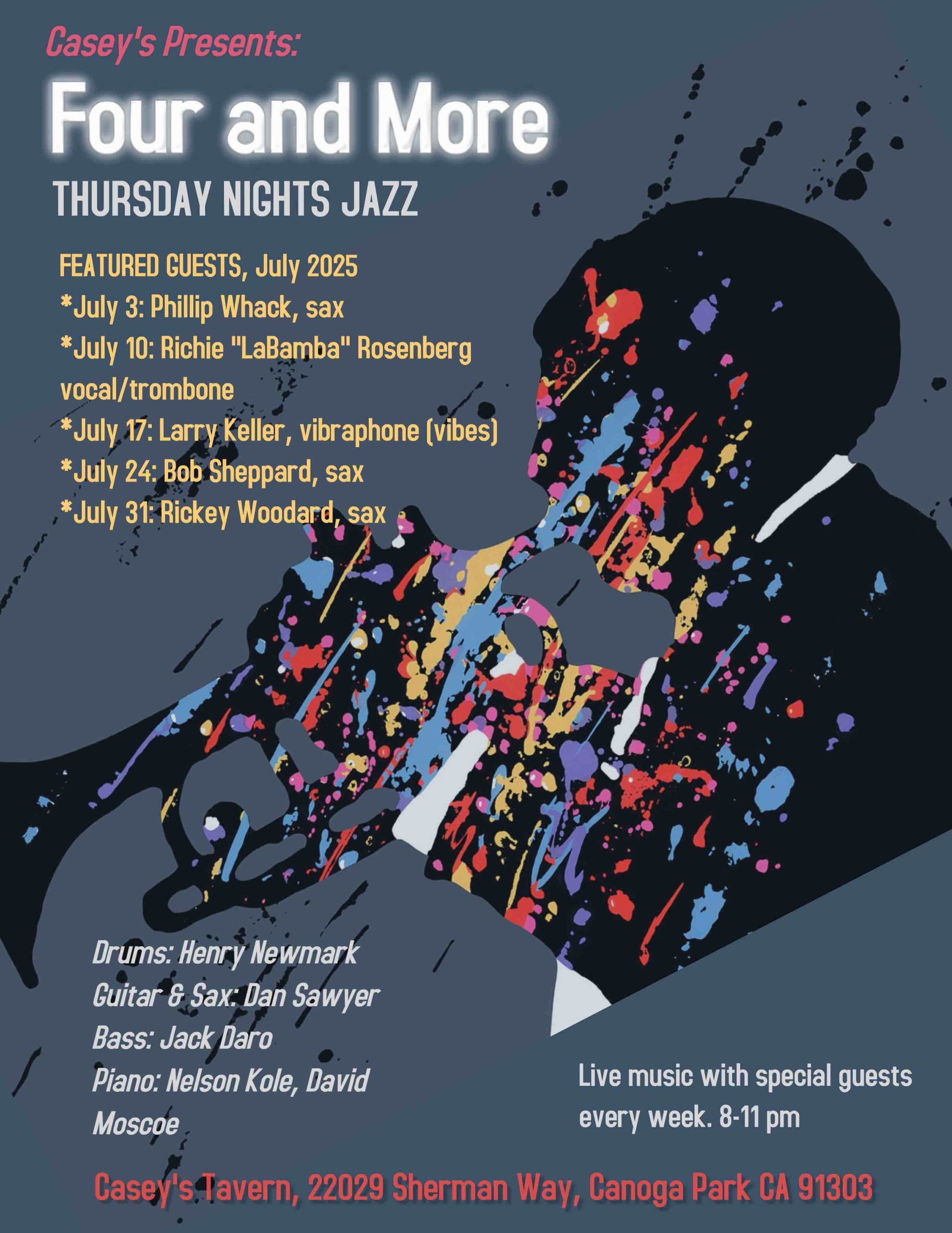 Four and More poster. Thursday nights jazz. Live music with special guest every week. 8-11 pm. Casey's Tavern.