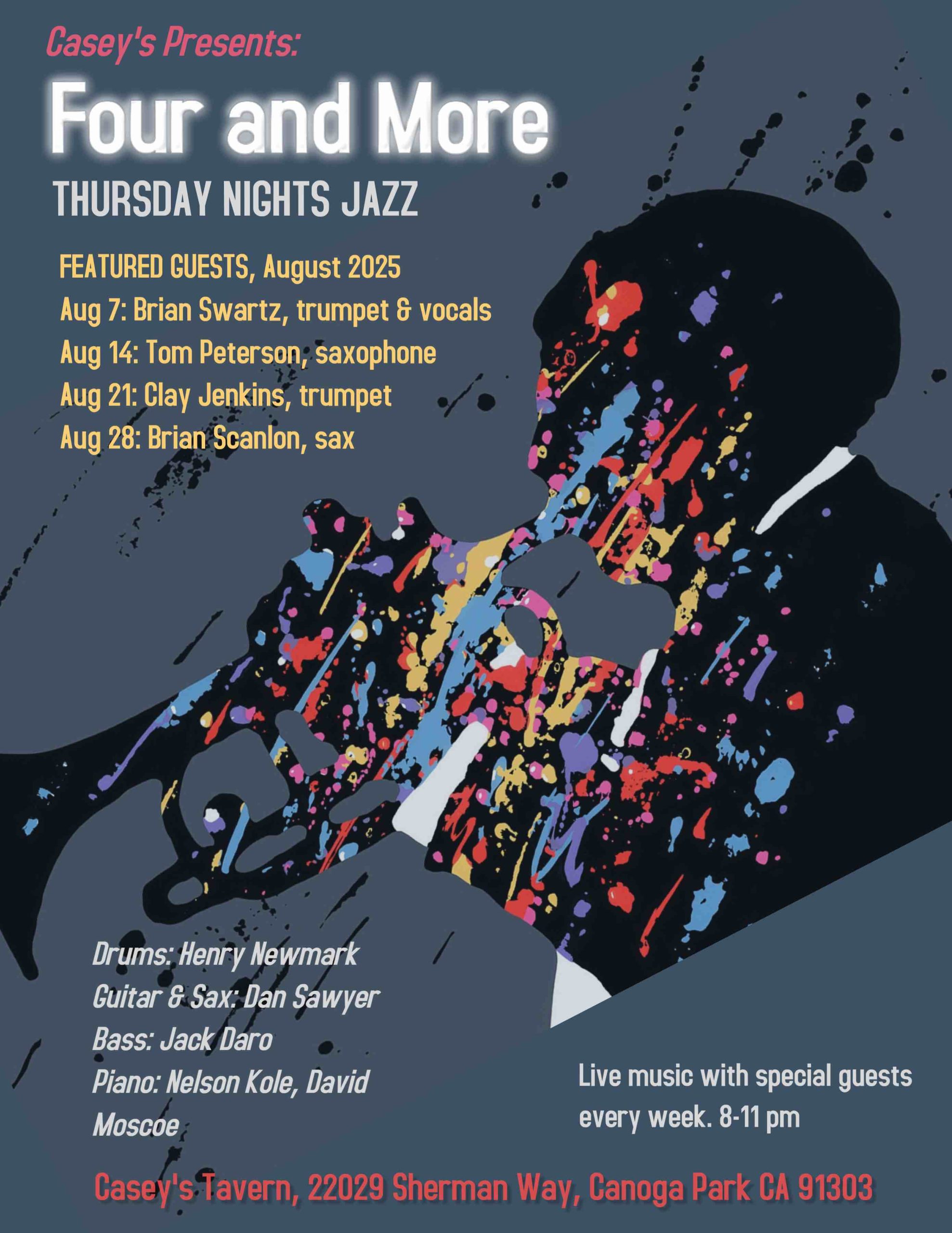 Four and More poster. Thursday nights jazz. Live music with special guest every week. 8-11 pm. Casey's Tavern.