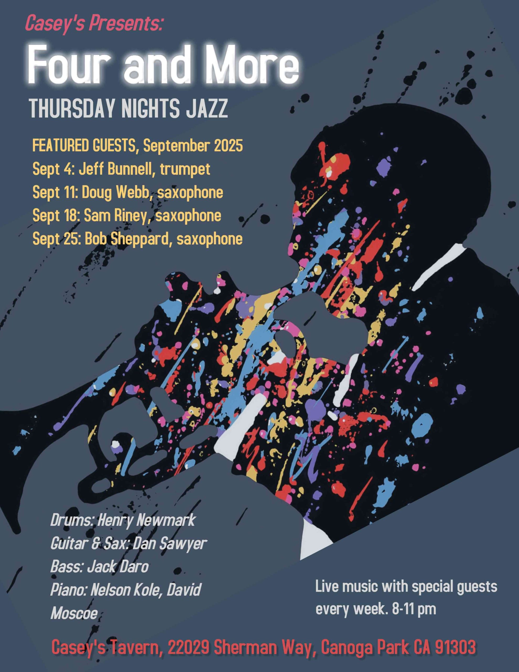 Four and More poster. Thursday nights jazz. Live music with special guest every week. 8-11 pm. Casey's Tavern.