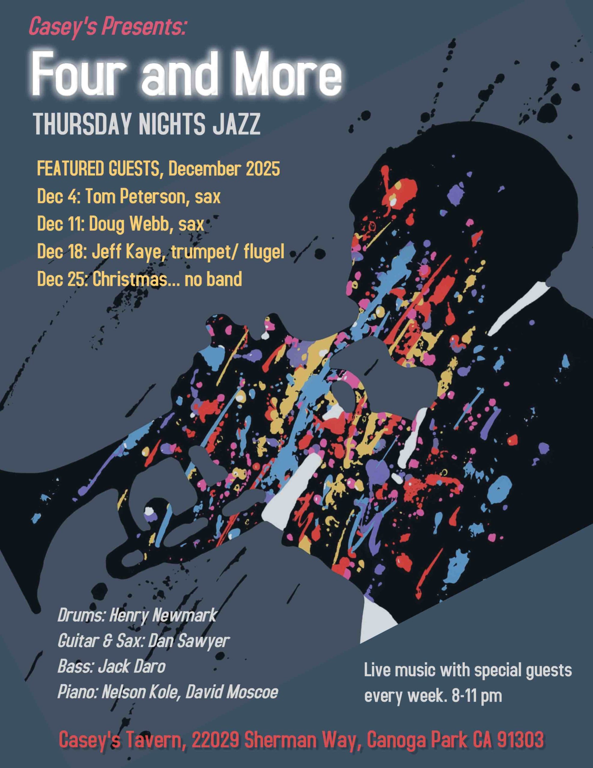 Four and More poster. Thursday nights jazz. Live music with special guest every week. 8-11 pm. Casey's Tavern.