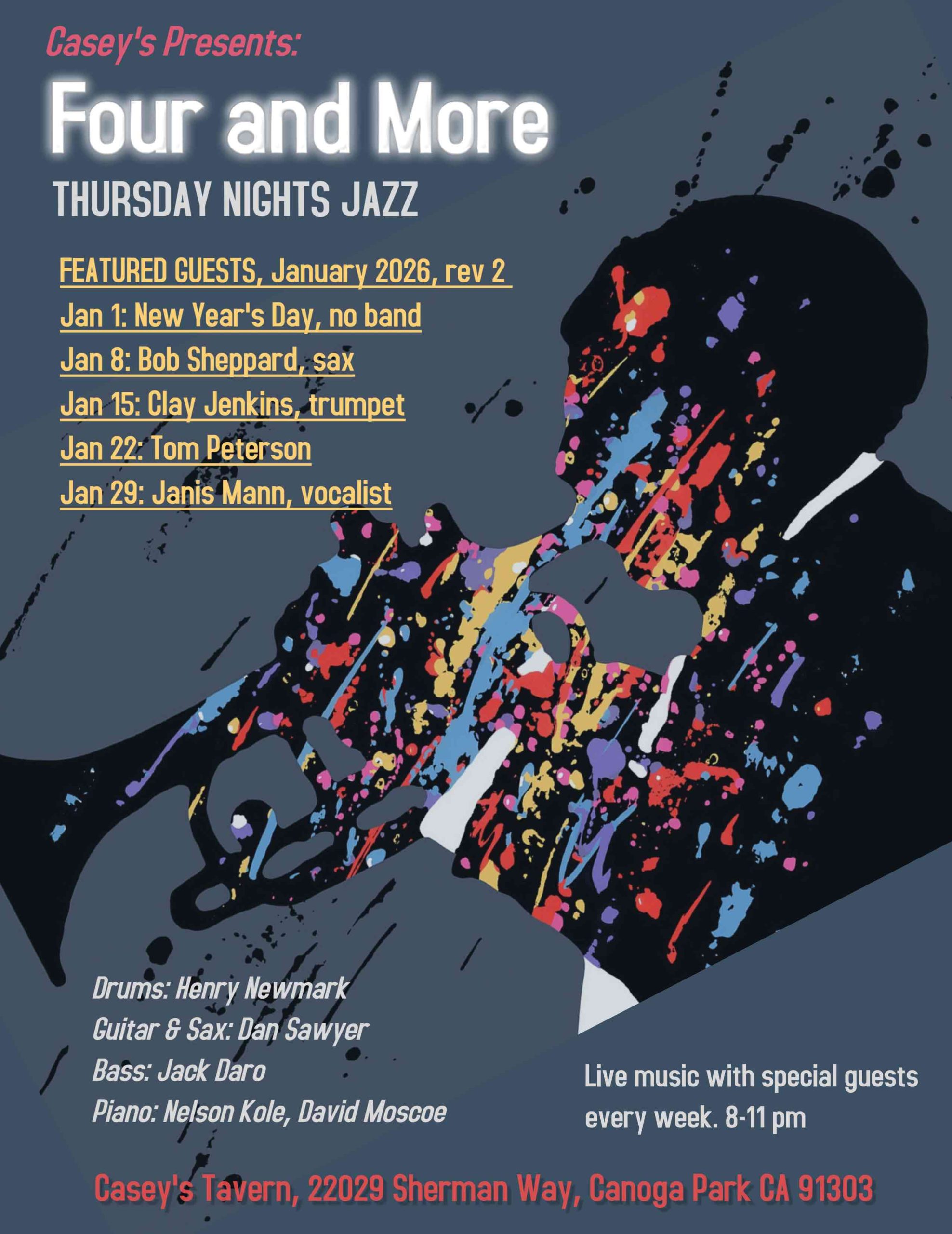 Four and More poster. Thursday nights jazz. Live music with special guest every week. 8-11 pm. Casey's Tavern.