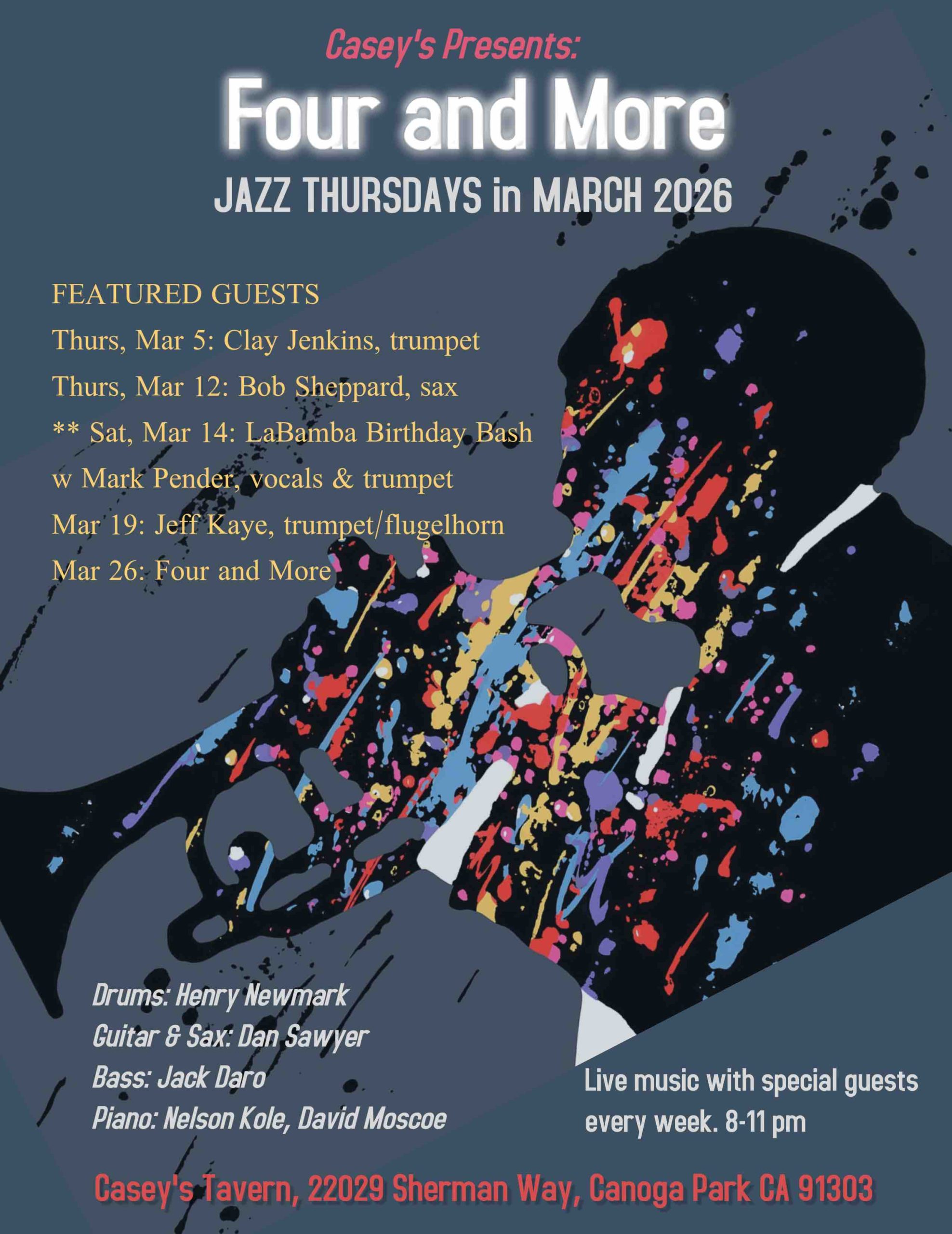 Four and More poster. Thursday nights jazz. Live music with special guest every week. 8-11 pm. Casey's Tavern.