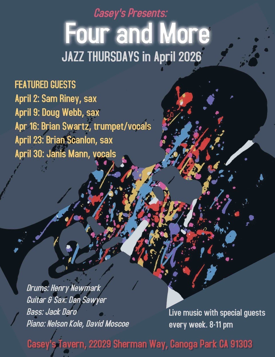 Four and More poster. Thursday nights jazz. Live music with special guest every week. 8-11 pm. Casey's Tavern.