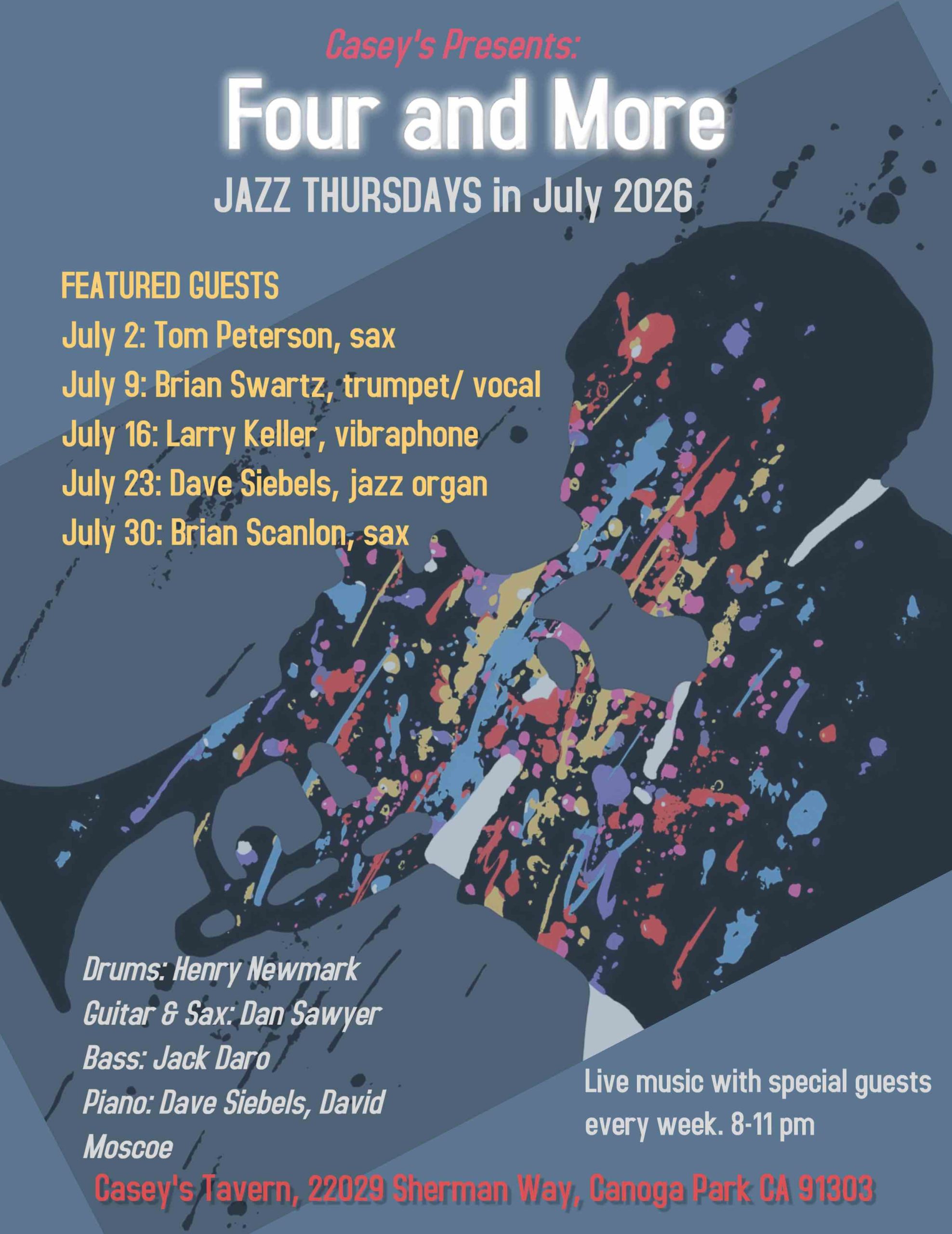 Four and More poster. Thursday nights jazz. Live music with special guest every week. 8-11 pm. Casey's Tavern.