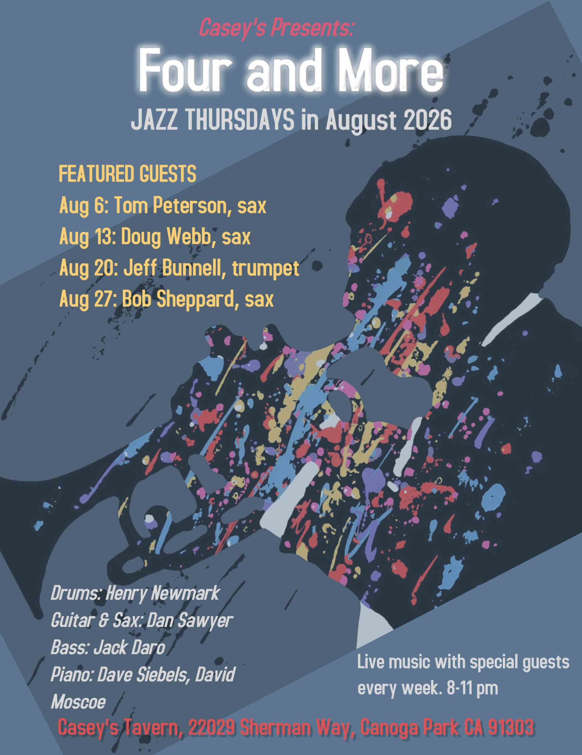 Four and More poster. Thursday nights jazz. Live music with special guest every week. 8-11 pm. Casey's Tavern.